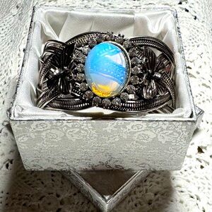 Silvertone Statement Butterfly Cuff With Simulated Moonstone NIB